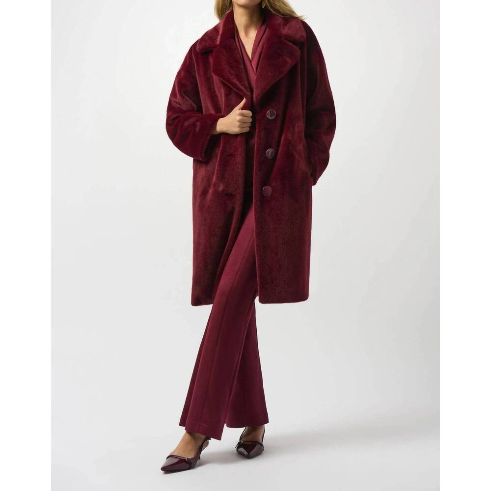 NEW JOSEPH RIBKOFF faux fur straight coat in merlot